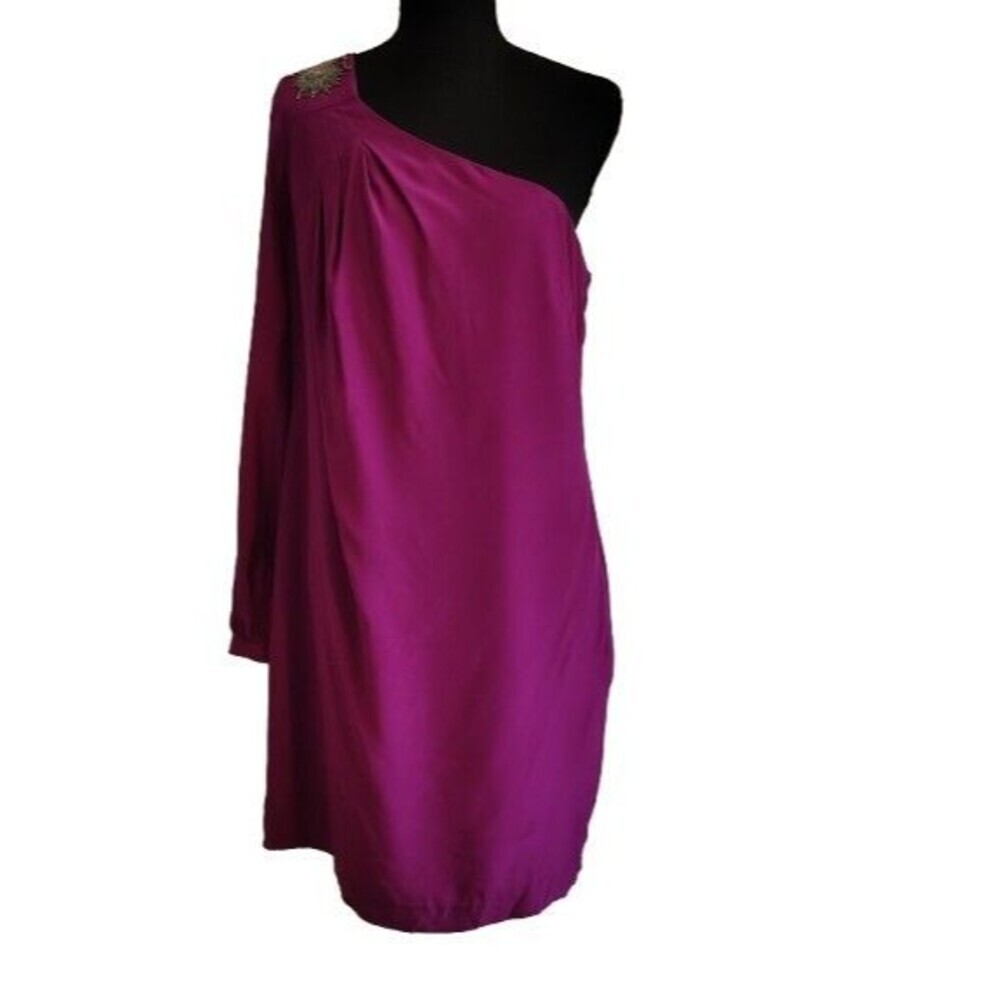 Trina Turk 100% Silk Magenta Pink Beaded One Shoulder Mini Dress Size 8 Perfect